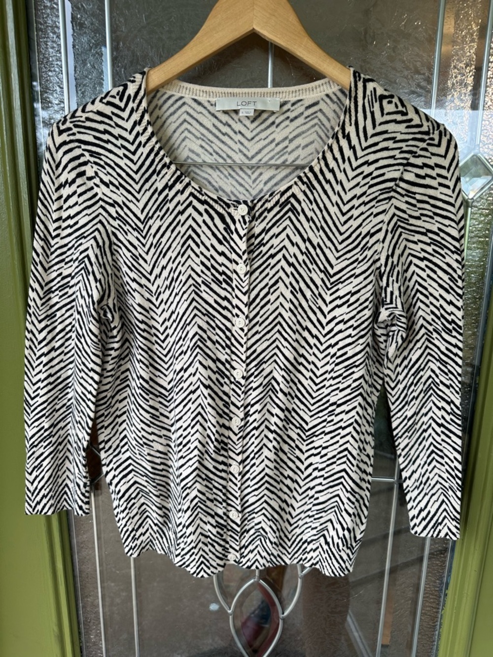 Loft Small Tan Black Cotton 3/4 Sleeve Preppy Minimalist Button Up Cardigan